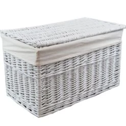 DVier Wäschekorb Wäschetonnen Wäschetruhe Weide Weiß Rechteckig Bezug Deckel 62x35x37