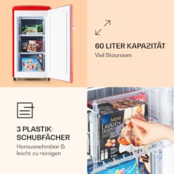 Klarstein Laika 60L Gefrierschrank , 60 Liter , 4-Sterne-Gefrierfach , 3 Schubladen , Temperatur: -18 Bis 0 °C , 5-stufiger Thermostat , 41 DB , Retro-Look -cardport shop 7bed9554884f0cf59450d9fb7d1d453c